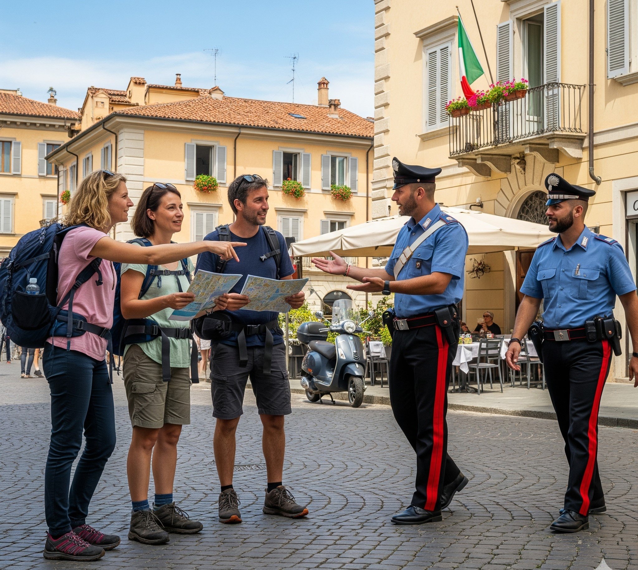 Turisti che consultano una mappa con le forze dell'ordine in Italia